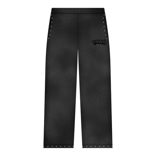 YHWH joggers for casual wear in black with studded details and logo design.